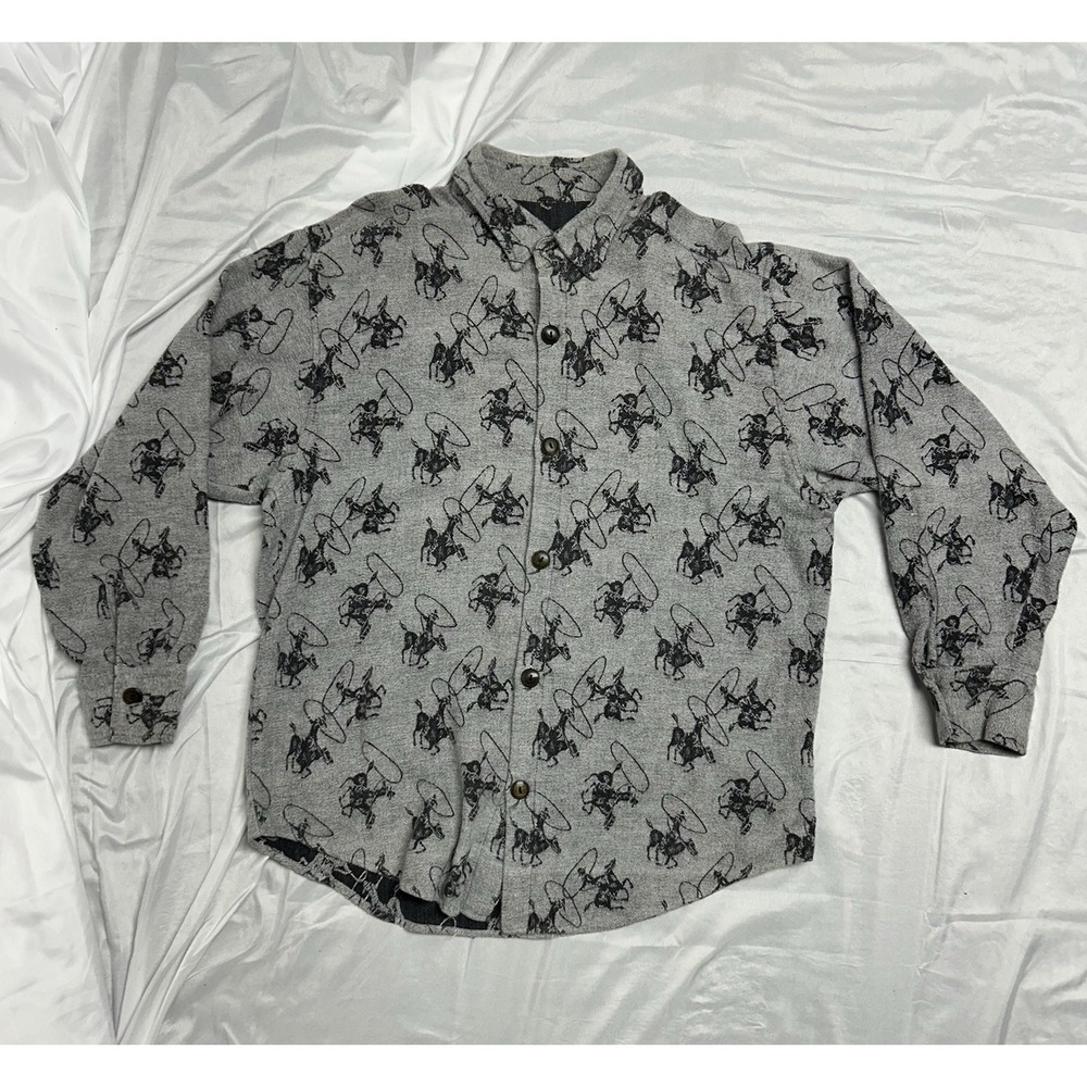 Vintage True Grit Gray Western Flannel Shirt Rodeo Cowboy All Over Print USA Lrg - Picture 3 of 12